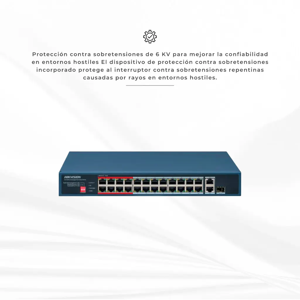 DS-3E0326P-E/M(C)   Switch PoE+ / No Administrable / 24 Puertos 10/100 Mbps PoE+ / 1 Puerto Gigabit / PoE hasta 250 metros