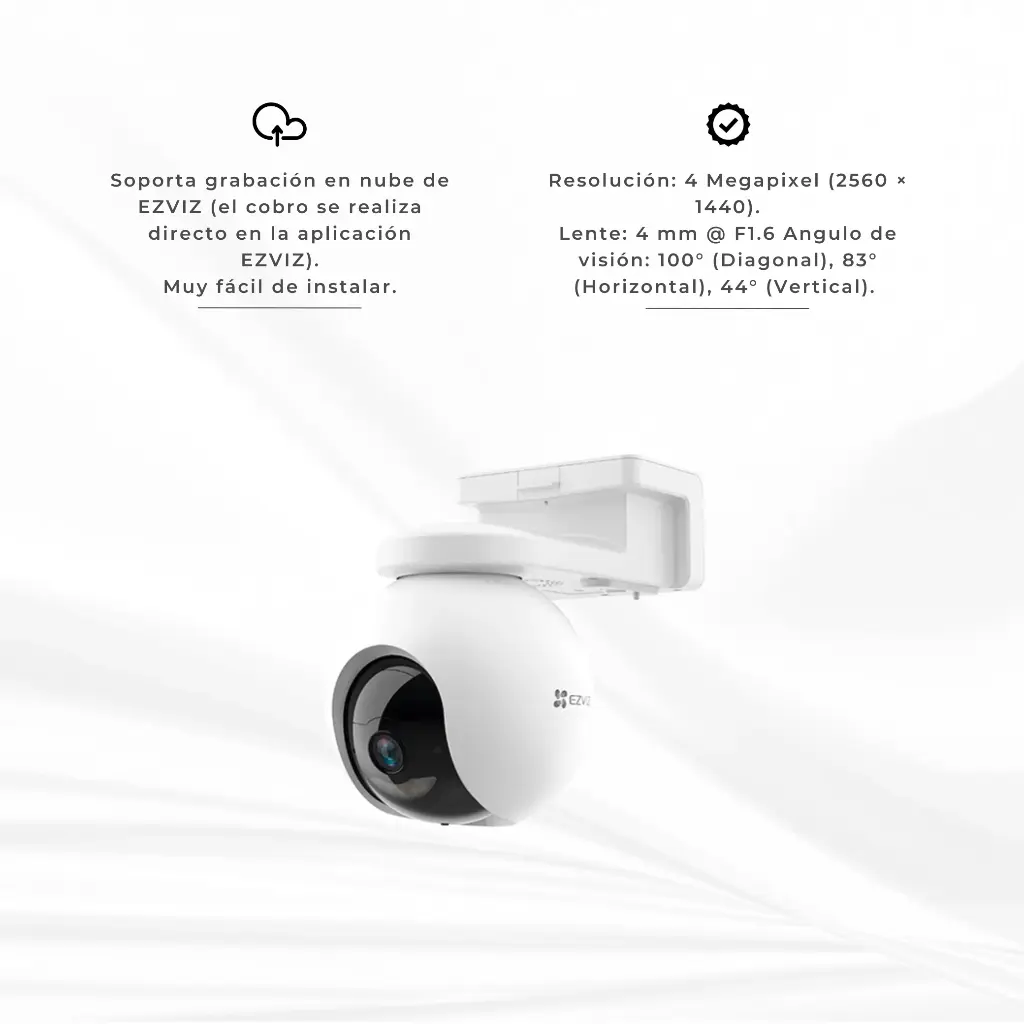 CS-HB8c/SP-R100(4MP)(AM-STD)(Kit) | 2K+ Resolution, Always-On  Protection  Mode, Up to 120 Days  of Battery Life¹  (5200 mAh), AI-Powered  Human/Vehicle  Shape Detection, Active  Defense, Color  Night Vision, Two-Way  Talk, Customizable  Voice Alerts, Supports  Wi-Fi 6 Network, Supports  2.4GHz Wi-F, Works with  EZVIZ Solar Panels  (Type-C versions)  for Green Powe, Supports MicroSD  Card (Up to 512 GB)  & EZVIZ CloudPlay  Storag