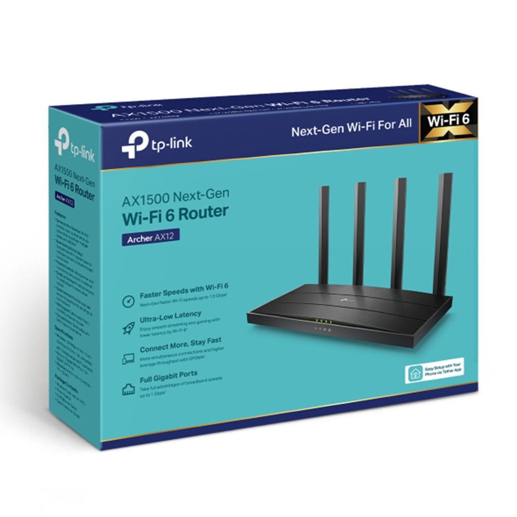 AX12 | ROUTER AX1500 Dual-Band Wi-Fi 6 SPEED: 300 Mbps at 2.4 GHz + 1201Mbps at 5 GHz