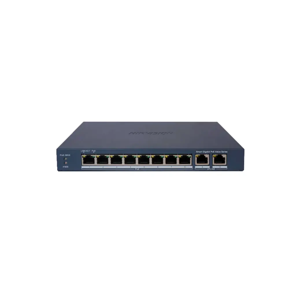 DS-3E1510P-EI/M | Switch Gigabit PoE+ / No Administrable / 8 Puertos 10/100/1000 Mbps PoE+ / 1 Puerto 10/100/1000 Mbps de Uplink + 1 Puerto SFP / 110 W 
