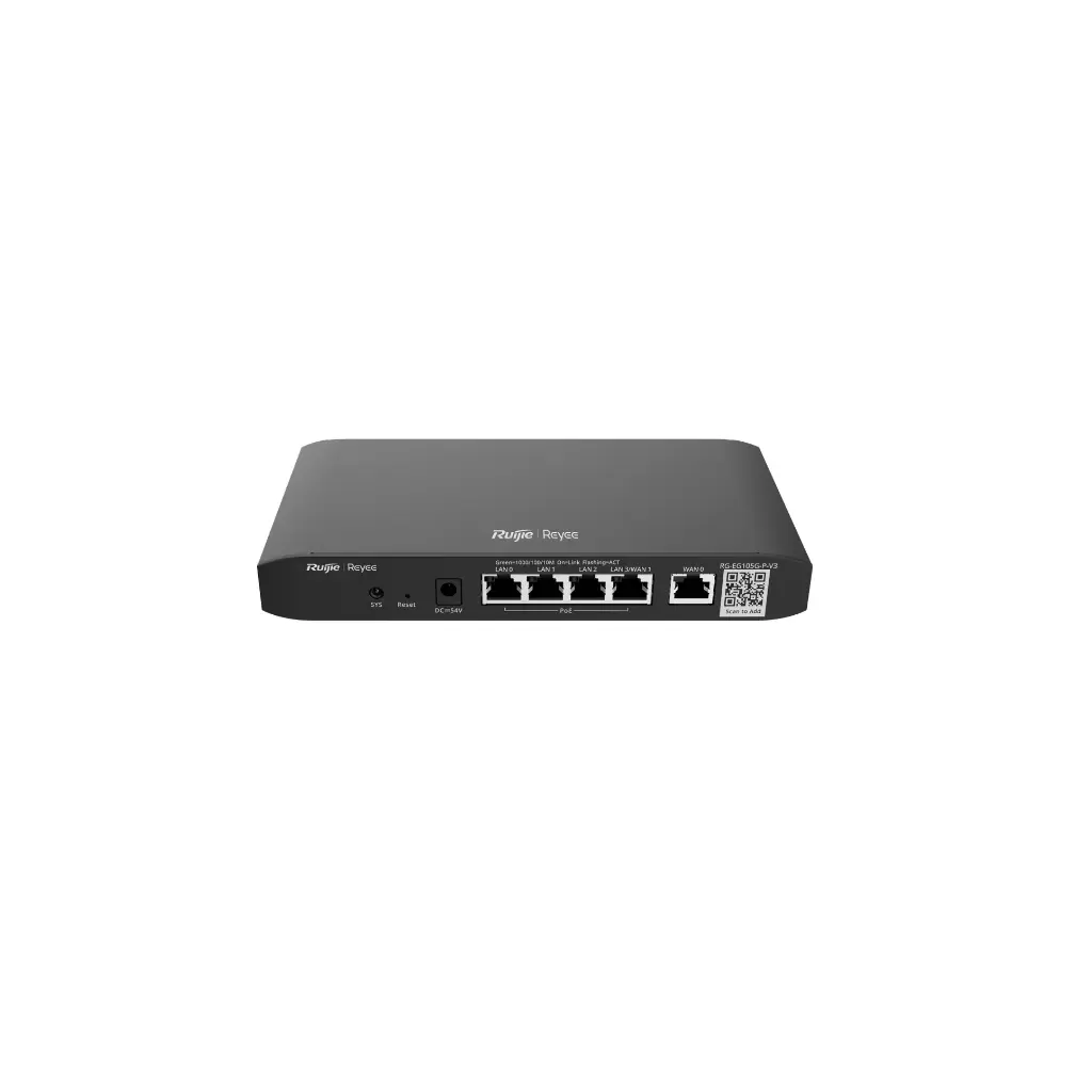 RG-EG105G-P-V3 | Router Administrable Cloud con POE+ 54W, 5 Puertos LAN Gigabit, 2 Puertos WAN Gigabit, Hasta 100 Clientes Concurrentes, Desempeño de 600 Mbps Asimétricos